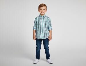 Bella Bliss Boys Button Down Shirt Size 4 Blue Green Plaid Cotton Long Sleeve